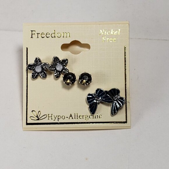 Set of 3 Stylish Yellow Crystal Flower, Green Butterfly designs Stud Earrings - Picture 4 of 8